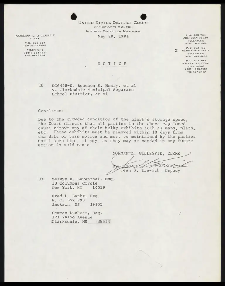 Notice from Clerk to Counsel Re: Exhibit Storage preview