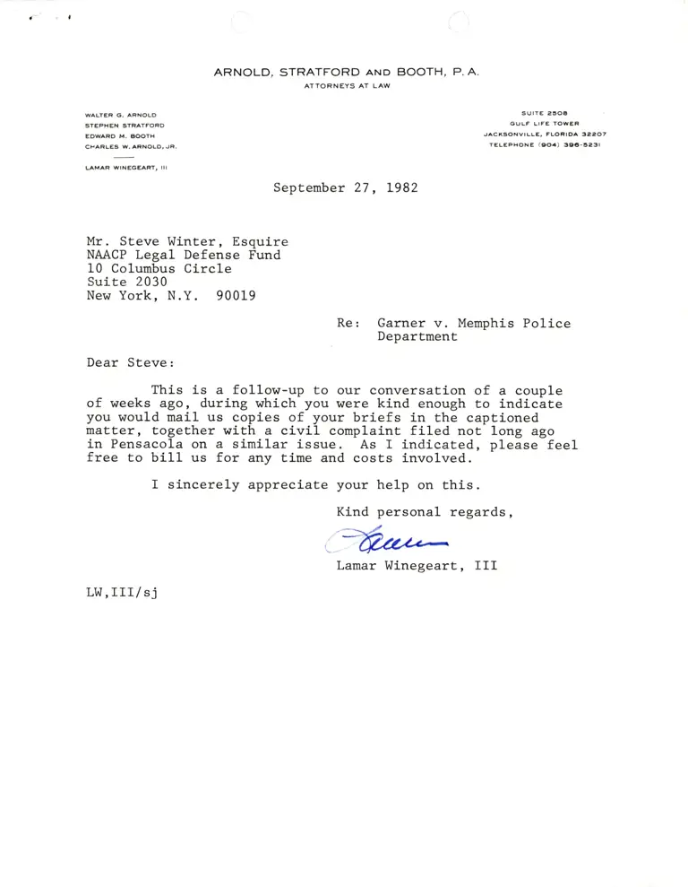 Correspondence from Winegeart to Winter Re: Briefs and Pensacola Complaint preview