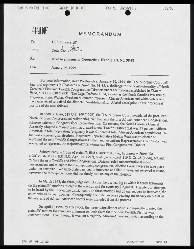 Memorandum from Cox to D.C. Office Staff Re: Cromartie Oral Arguments preview
