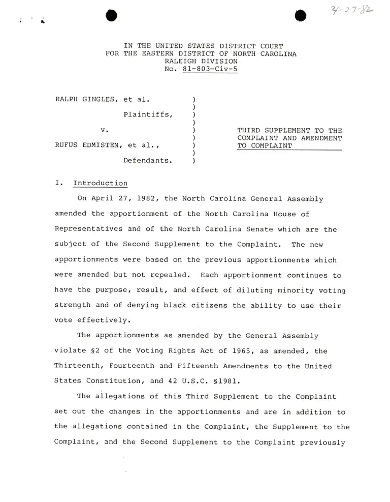 Third Supplement to the Complaint and Amendment to Complaint; General Assembly of North Carolina House Bill 1; Senate Bill 1 preview