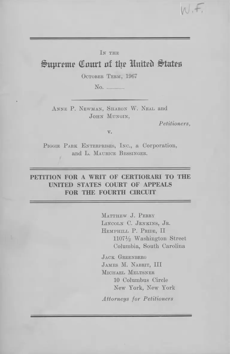 Newman v. Piggie Park Enterprises Petition for a Writ of Certiorari to the US Court of Appeals for the Fourth Circuit preview