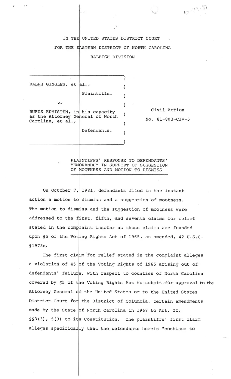 Plaintiff's Response to Defense's Memo in Support of Suggestion of Mootness and Motion to Dismiss preview