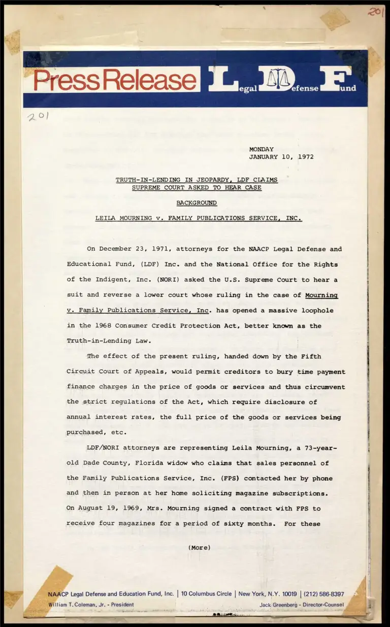 Truth-In-Lending in Jeopardy, LDF Claims Supreme Court Asked to Hear Case - Background on Leila Mourning v. Family Publications Service, Inc. preview