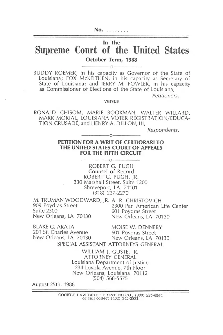 Roemer v Chisom Writ of Certiorari preview