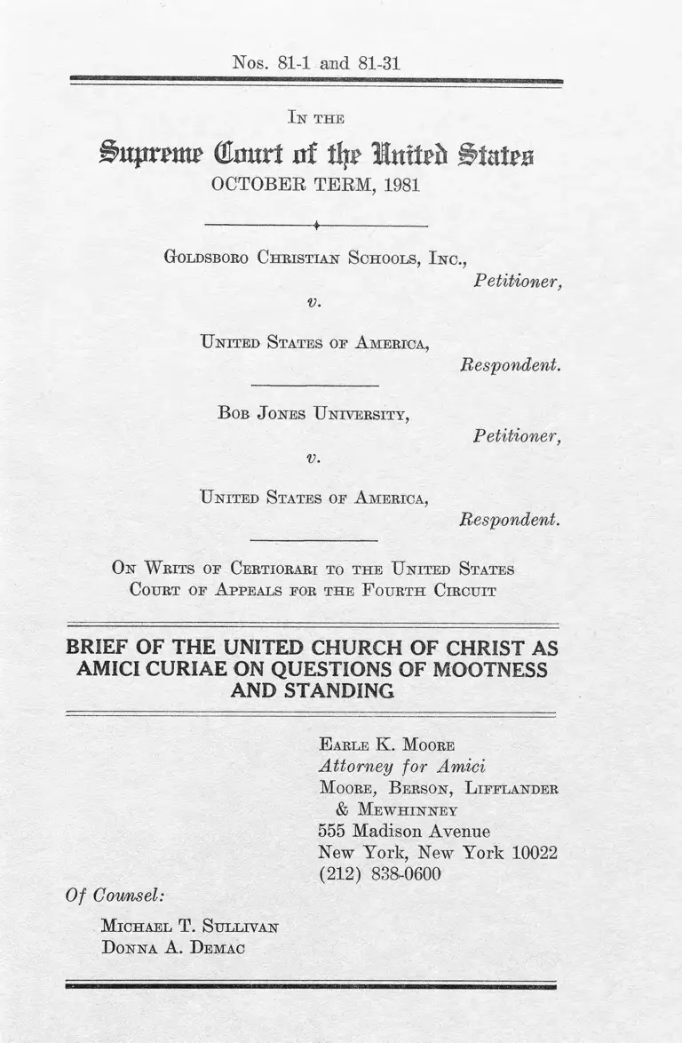 Goldsboro Christian Schools, Inc. v. United States Brief Amici Curiae on Questions of Mootness and Standing preview