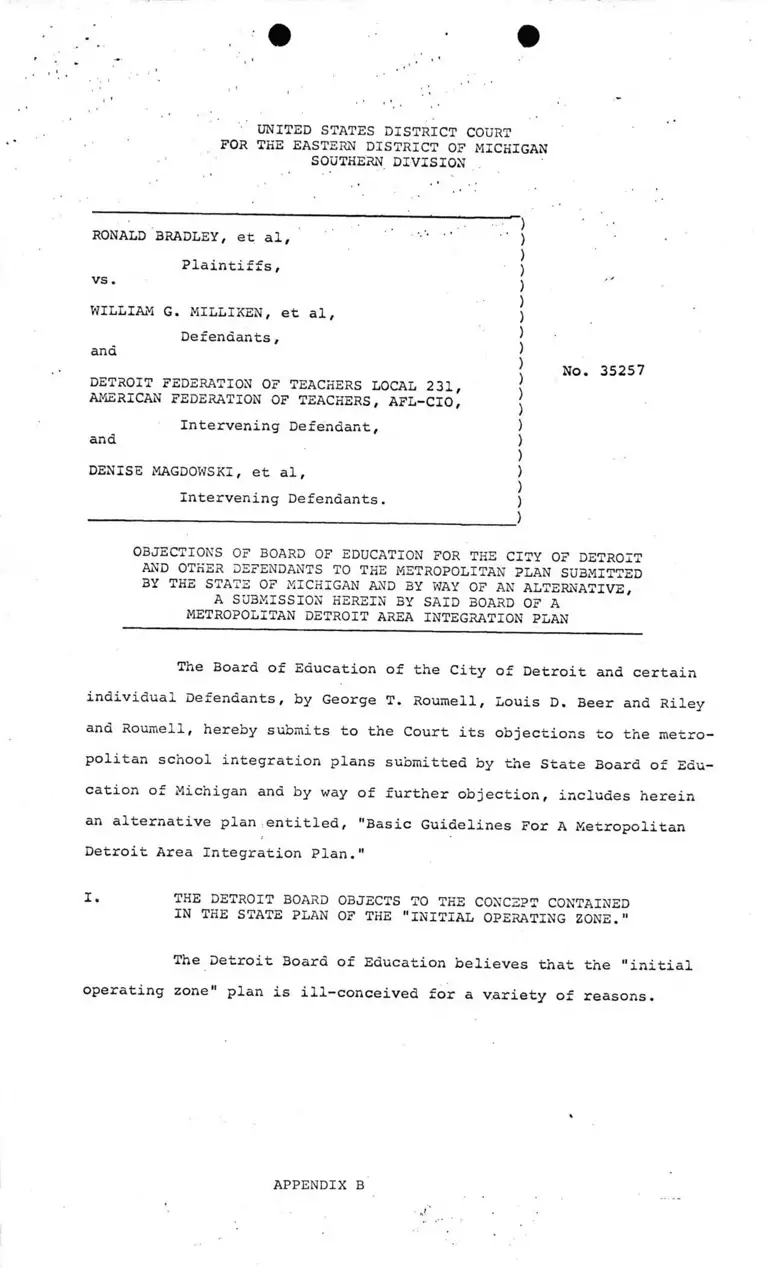 Objections of Defendants to the Plan Submitted by Michigan State and By Way of an Alternative, A Submission Herein by Said Board of a Detroit Integration Plan preview