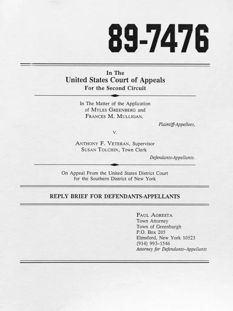Greenberg v. Veteran Reply Brief for Defendants-Appellants preview
