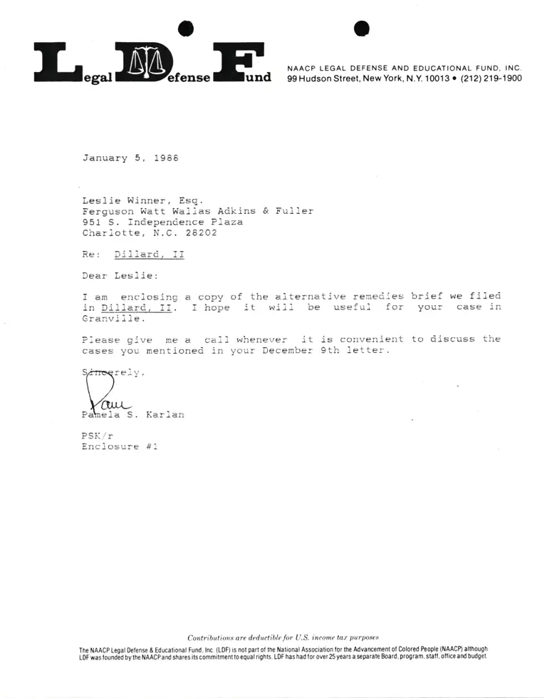 Correspondence from Pamela Karlan to Leslie Winner Re Dillard, II preview