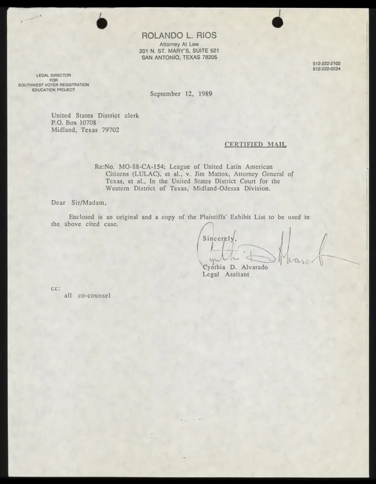 Correspondence from Alvarado to Clerk Re: Plaintiffs' Exhibit List preview