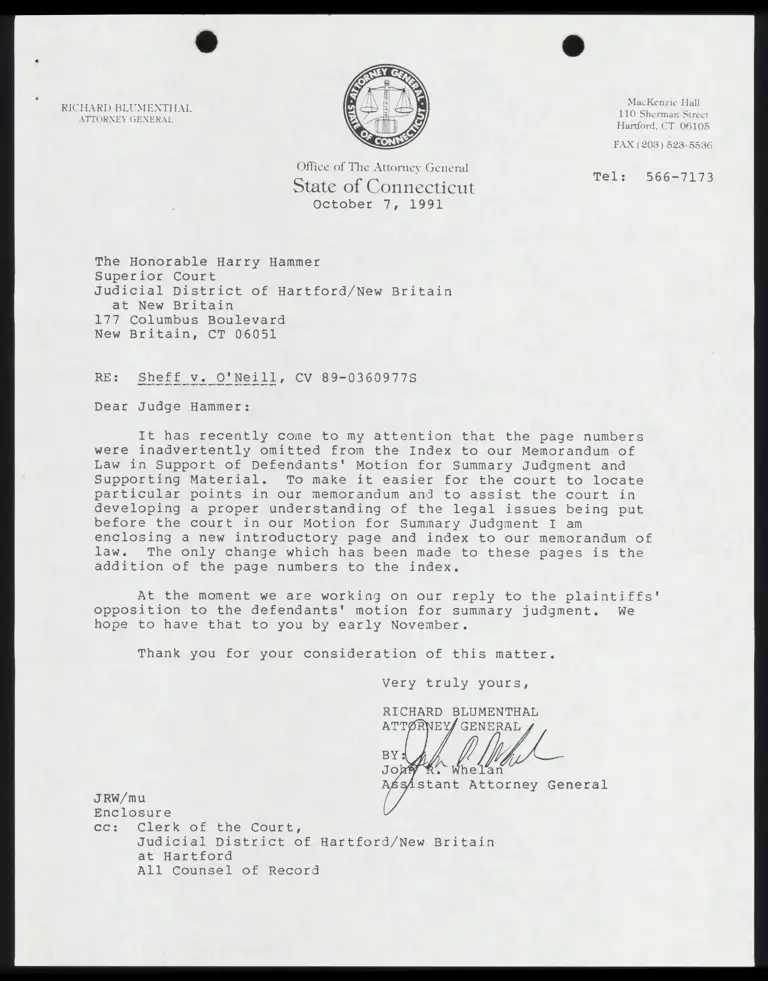 Correspondence from Whelan to Judge Hammer with Memo of Law in Support of Motion for Summary Judgment and Supporting Material preview