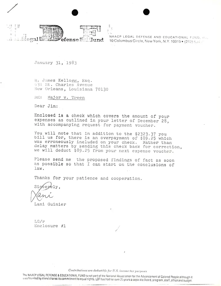 Correspondence from Lani Guinier to R. James Kellogg, Esq. Re: Major v. Treen preview