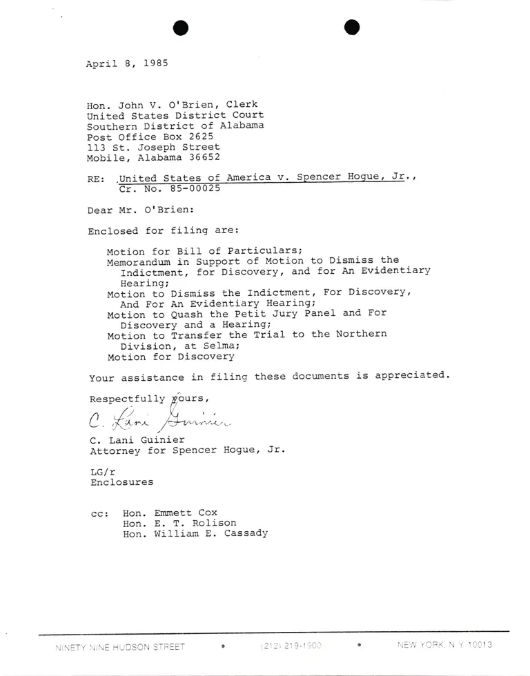 Correspondence from Lani Guinier to John V. O'Brien (Clerk) Re: United States v. Hogue preview