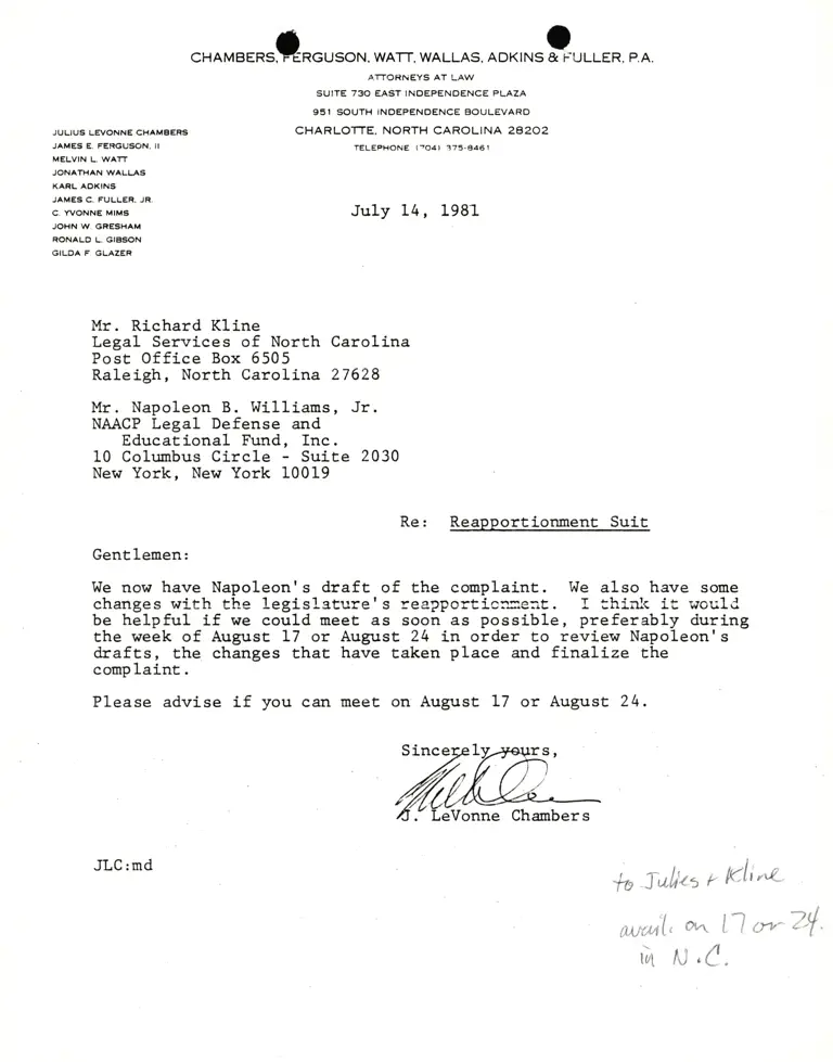 Correspondence from Chambers to Kline and Williams preview