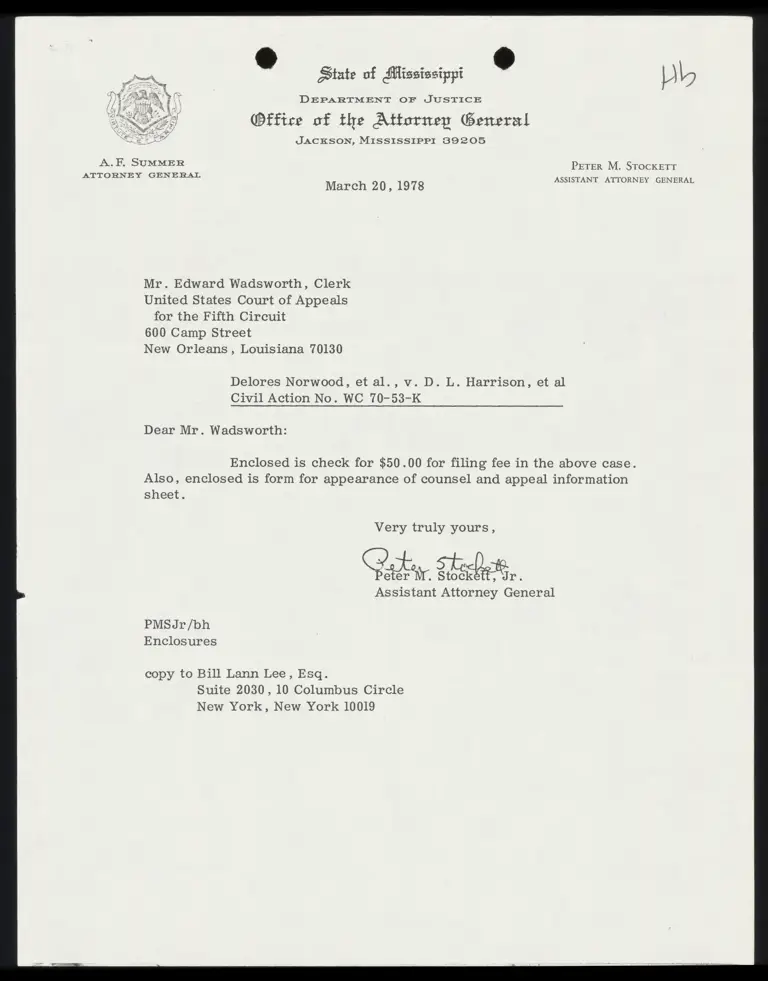 Correspondence from Stockett to Clerk Re: Check for Filing preview