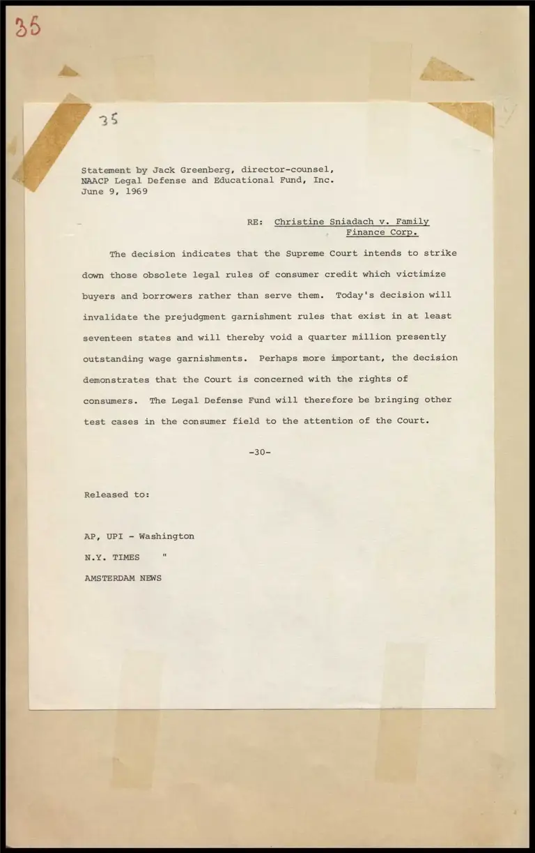 Greenberg Statement Re: Christine Sniadach v. Family Finance Corp. preview