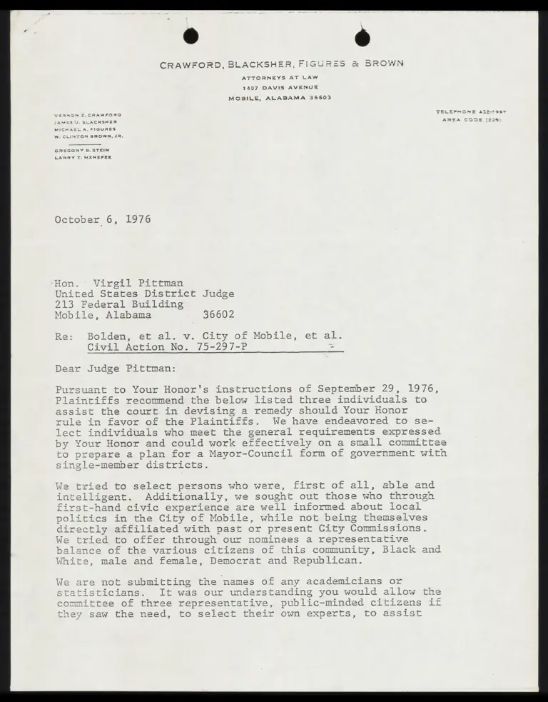 Letter to Judge Pittman from Blacksher RE Selection of Individuals to Assist Court in Devising Remedy preview