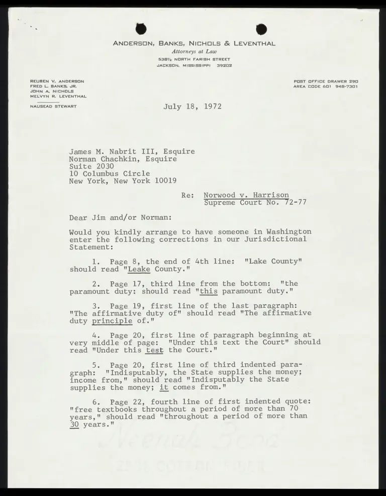 Correspondence from Leventhal to Nabrit and Chachkin Re: Jurisdictional Statement corrections preview