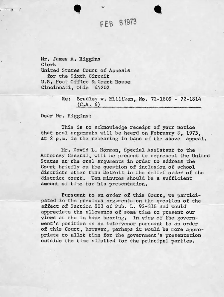 Letter from Pottinger to Higgins RE: Receipt of Notice for Oral Argument preview