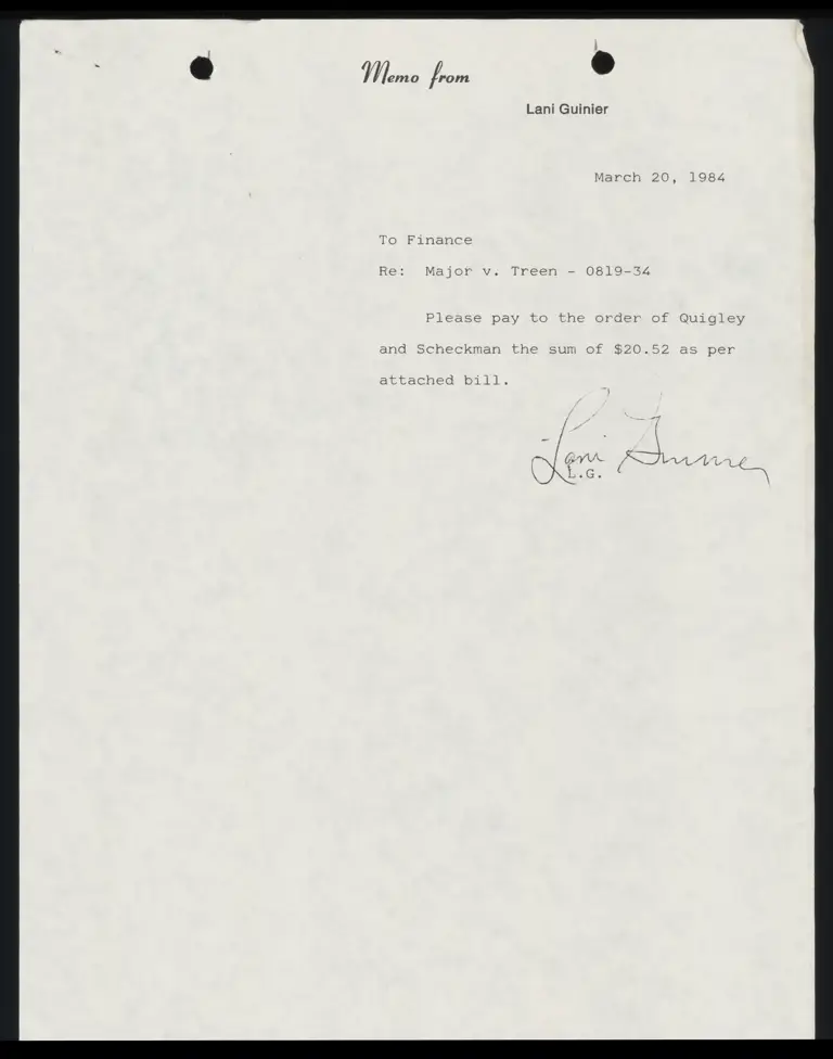 Memorandum from Guinier to Finance; Invoice for Quigley and Scheckman preview