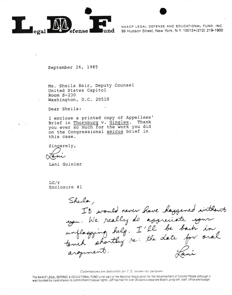 Correspondence from Lani Guinier to Sheila Bair (Deputy Counsel) Re Thornburg v. Gingles preview