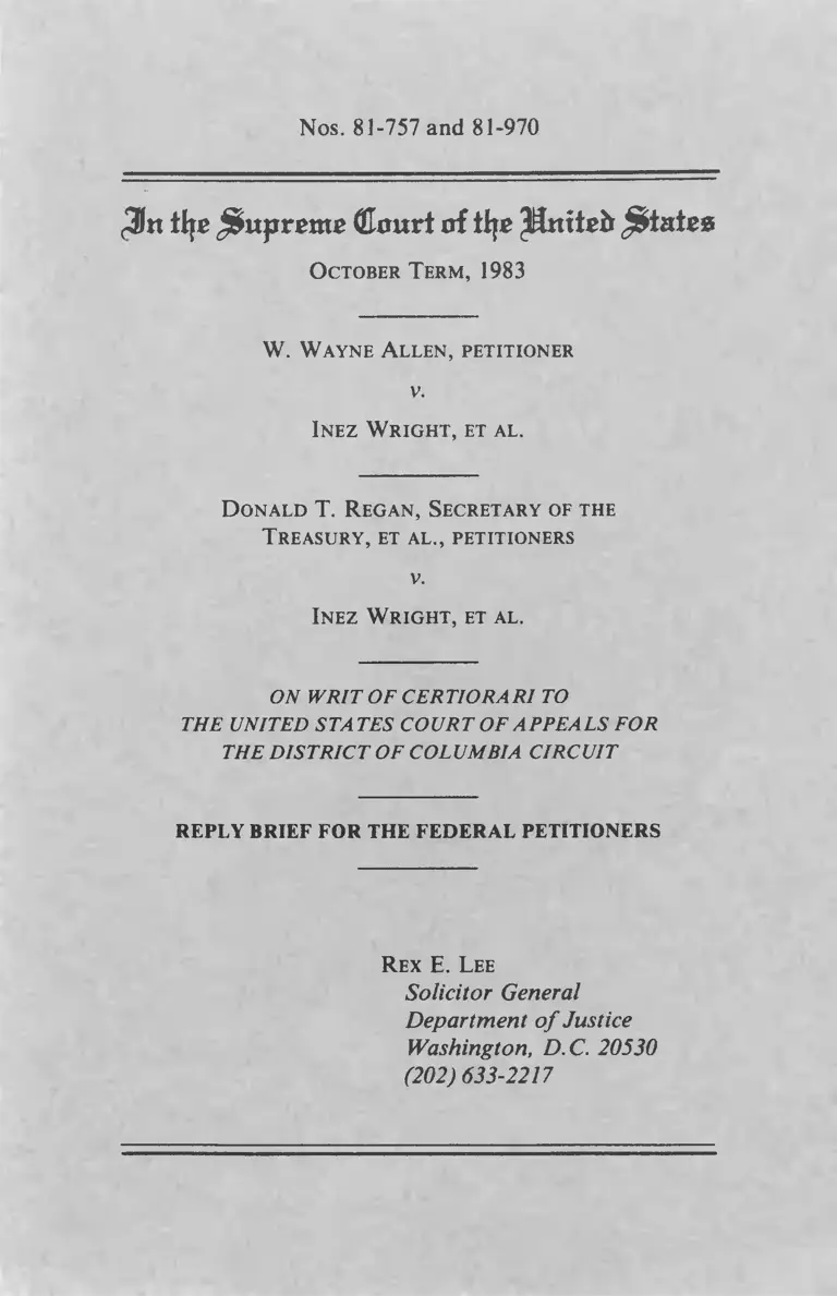 Allen v. Wright and Regan v. Wright Brief for the Federal Petitioners preview