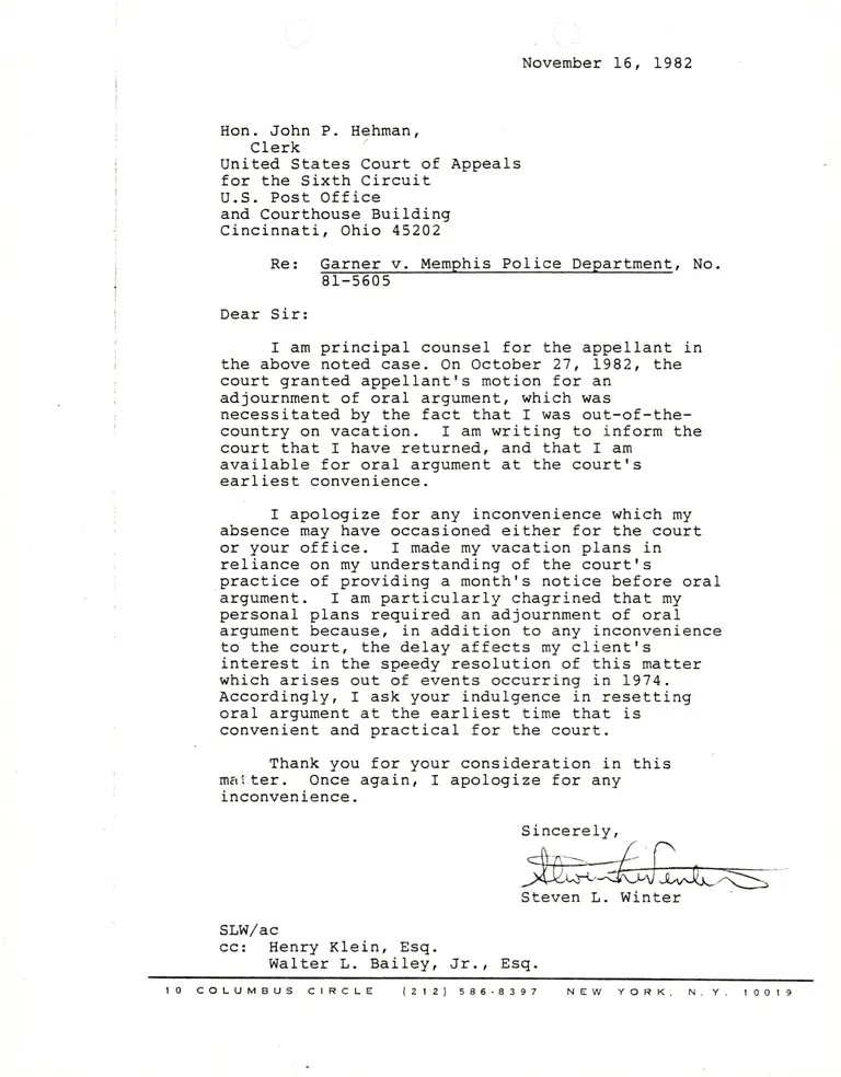 Correspondence from Winter to Clerk Re: Absence preview
