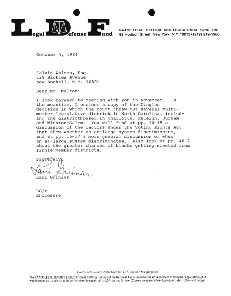 Letter from Lani Guinier to Calvin Walton RE Gingles decision preview
