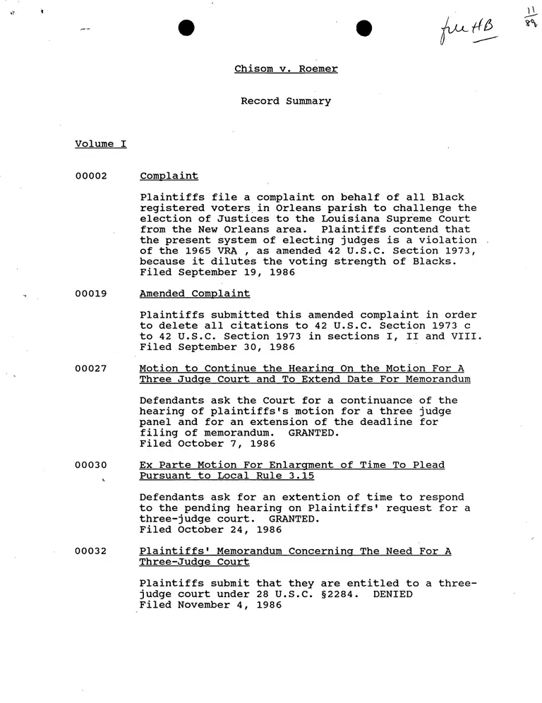Chisom v. Roemer Record Summary Volume I-VIII preview