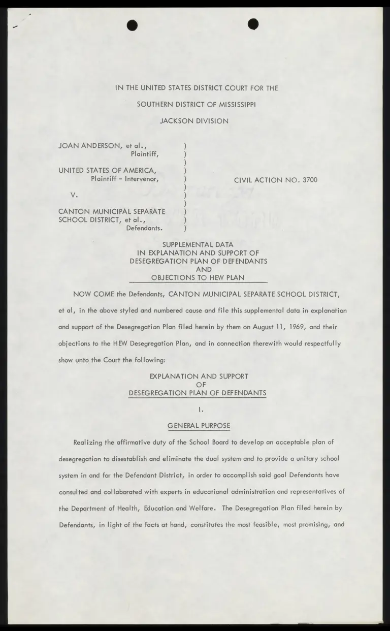 Supplemental Data in Explanation and Support of Desegregation Plan of Defendants and Objections to New Plan preview
