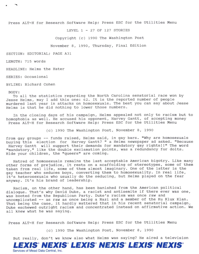 Helms the Hater News Article from The Washington Post preview
