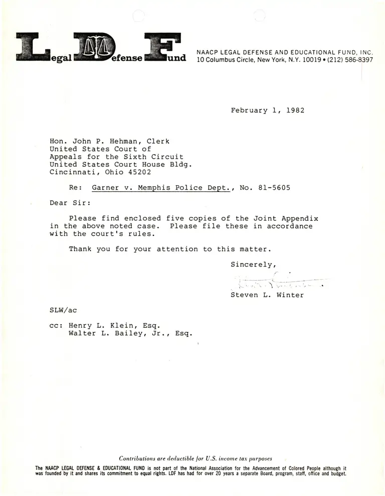 Correspondence from Winter to Clerk Re: Joint Appendix preview