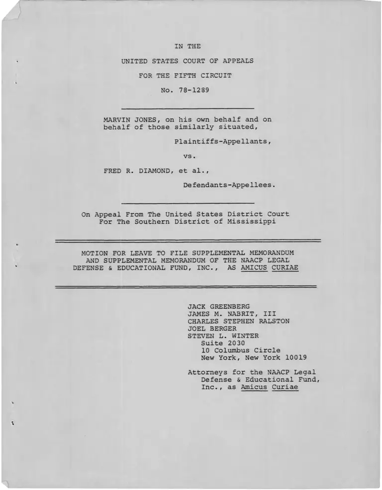 Jones v. Diamond Motion for Leave to File Supplemental Memorandum and Supplemental Memorandum as Amicus Curiae preview