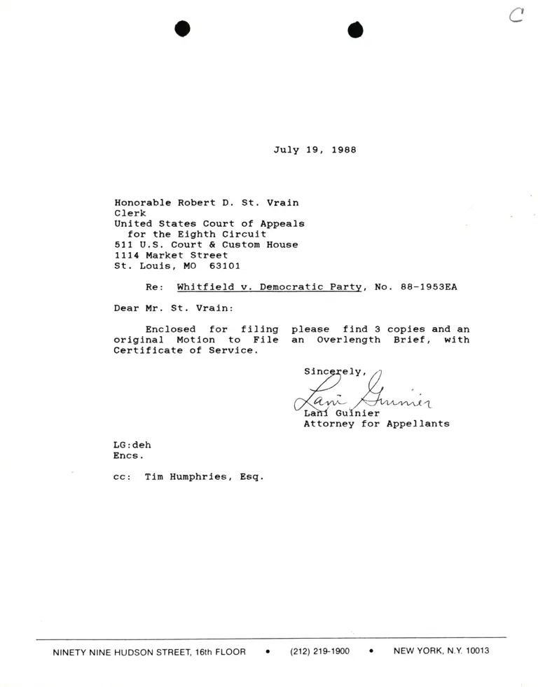 Correspondence from Lani Guinier to Robert D. St. Vrain (Clerk) Re: Whitfield v. Democratic Party preview