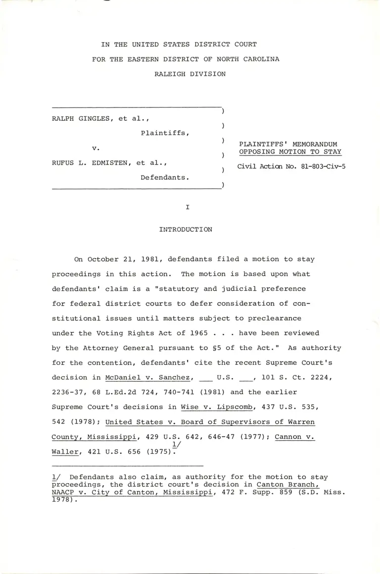 Plaintiffs' Memorandum Opposing Motion to Stay preview