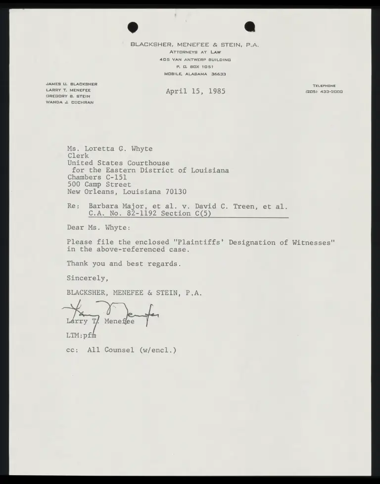 Correspondence from Menefee to Whyte (Clerk); Plaintiffs' Designation of Witnesses preview