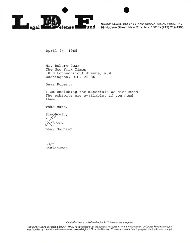 Correspondence from Lani Guinier to Robert Pear (The New York Times) preview