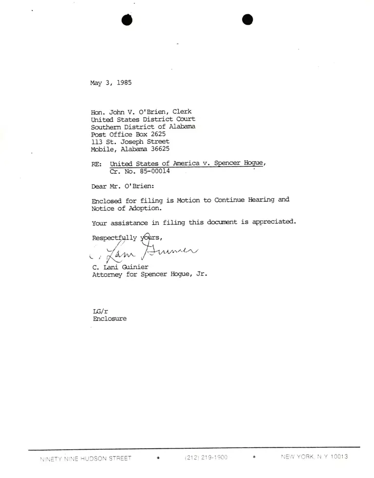 Correspondence from Lani Guinier to John V. O'Brien (Clerk) Re: United States v. Hogue preview