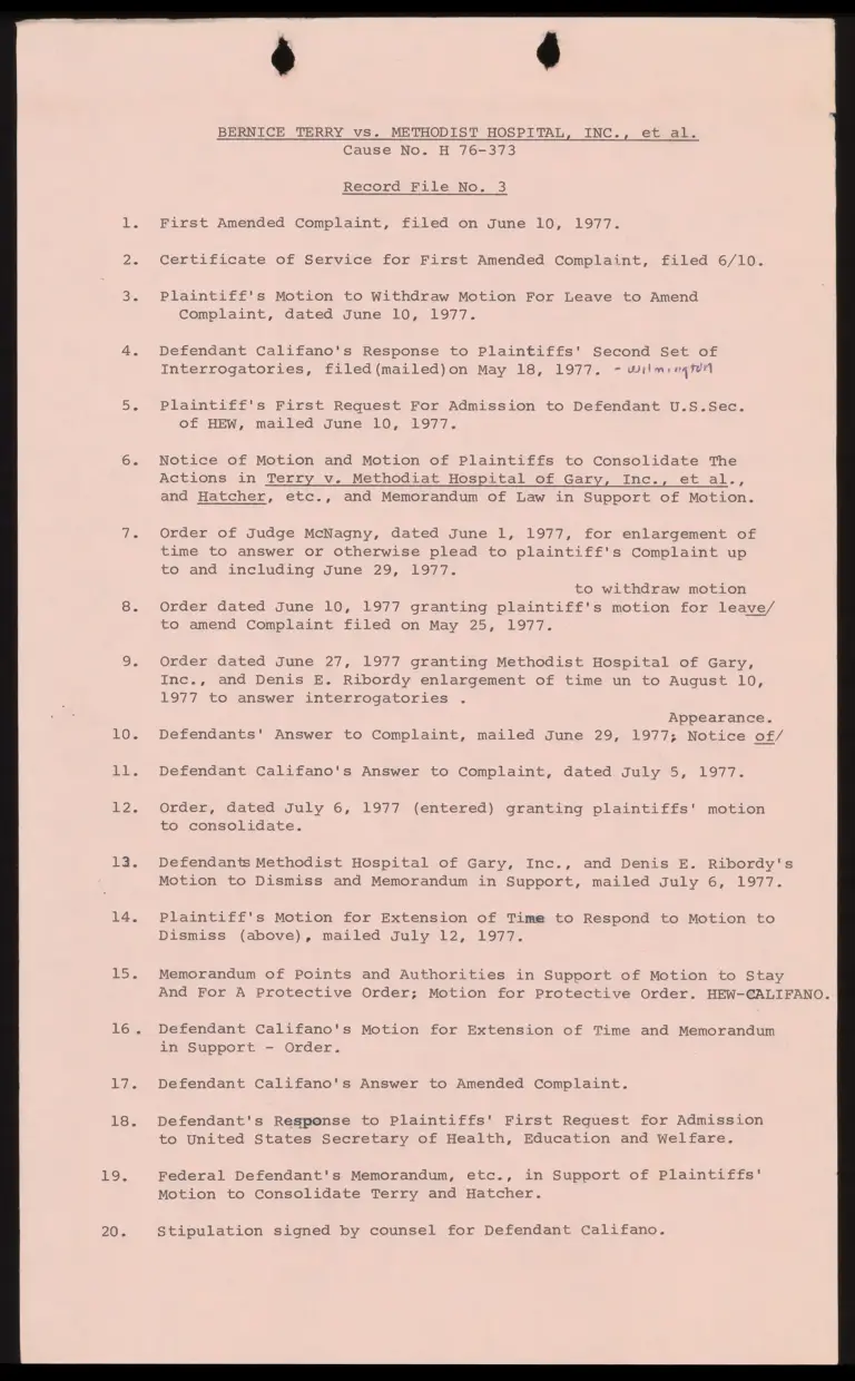 Terry v. Methodist Hospital Record File No. 3 preview
