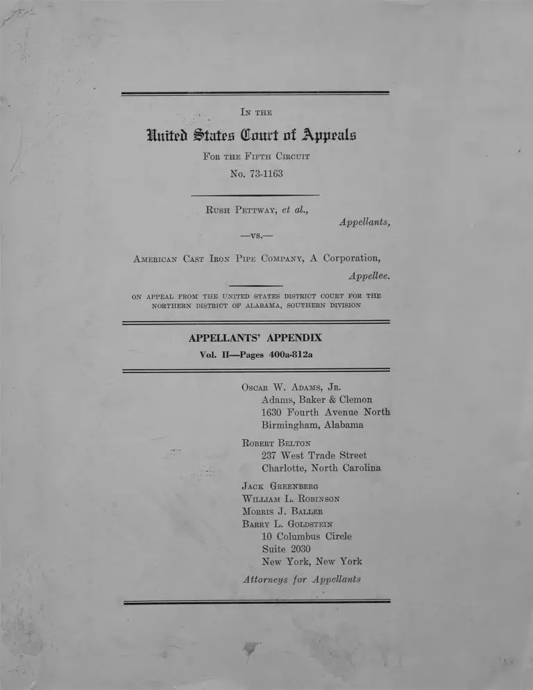 Pettway v. American Cast Iron Pipe Company Appellants' Appendix Vol II (Pages 400-812) preview