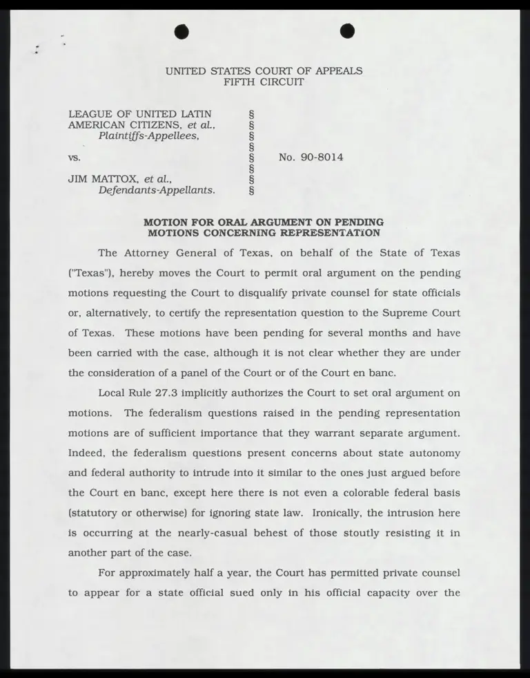 Motion for Oral Argument on Pending Motions Concerning Representation preview