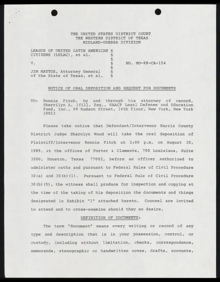 Notice of Oral Deposition and Request for Documents to Bonnie Fitch preview