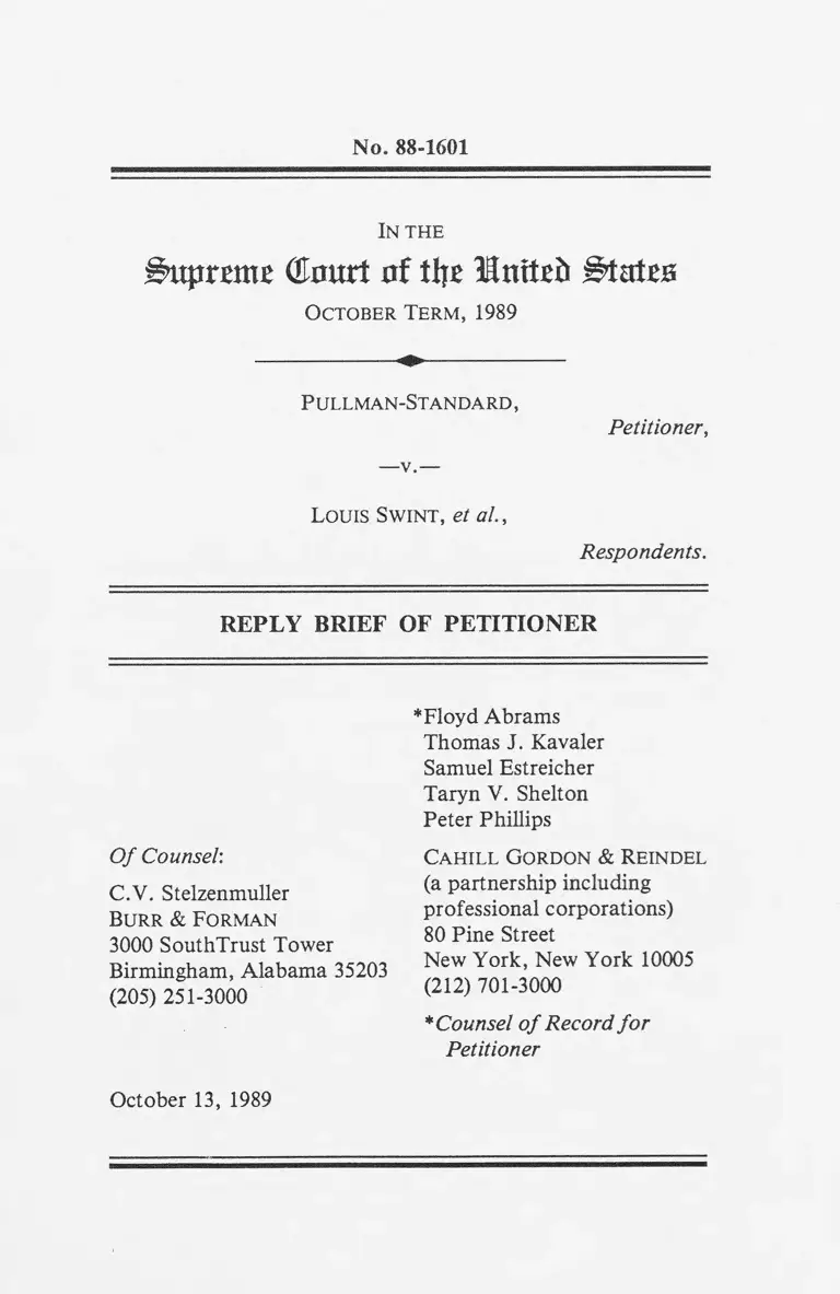 Pullman Standard Incorporated v. Swint Respondent's Reply Brief for Petitioner preview