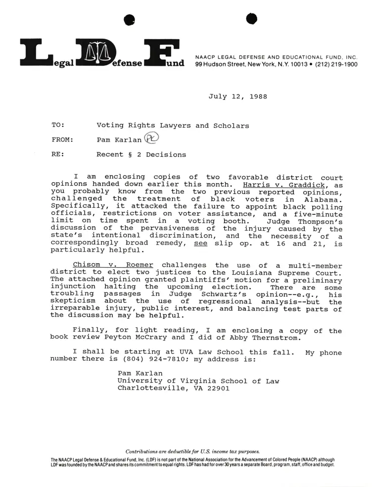 Correspondence from Pamela Karlan to Voting Rights Lawyers and Scholars Re Recent 2 Decisions (Harris v. Graddick and Chisom v. Roemer) preview