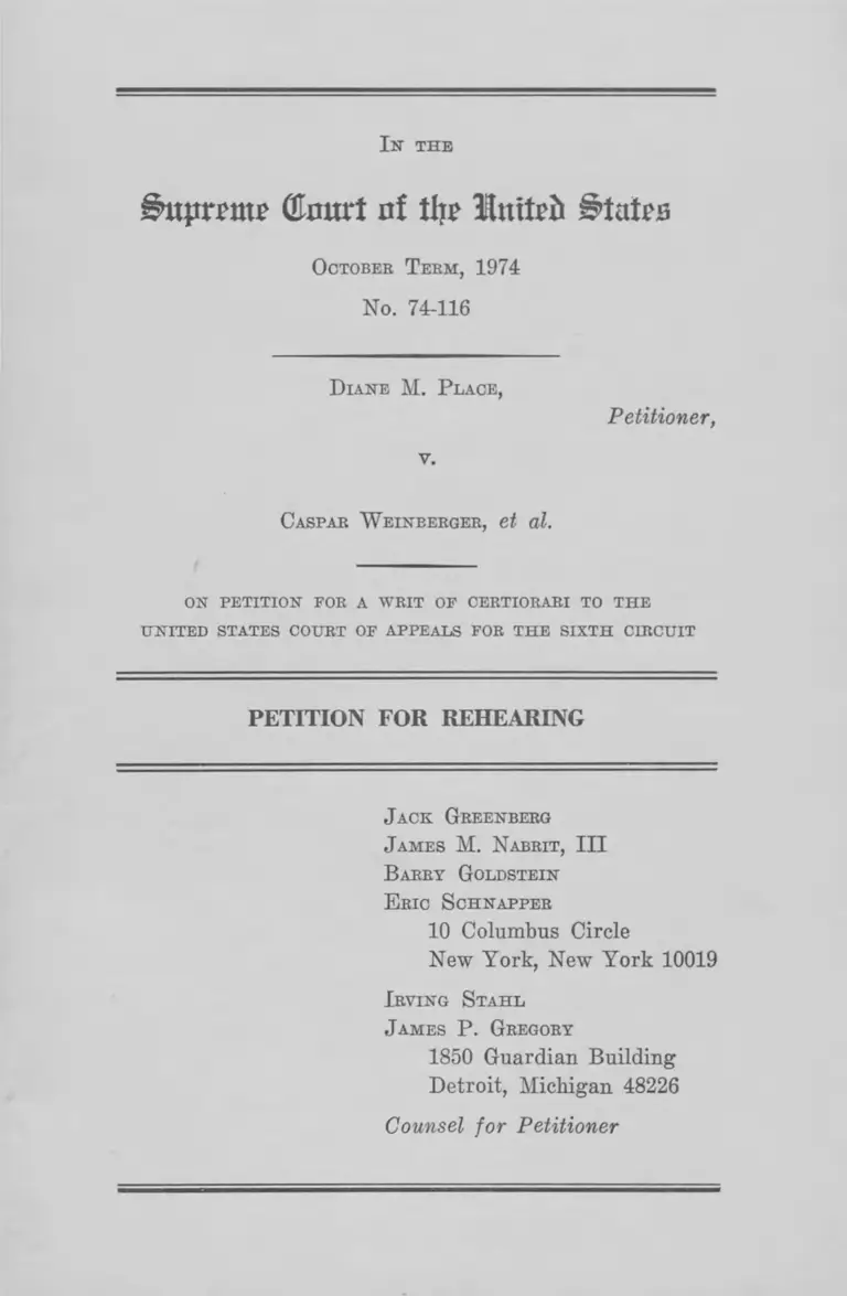 Place v. Weinberger Petition for Rehearing preview
