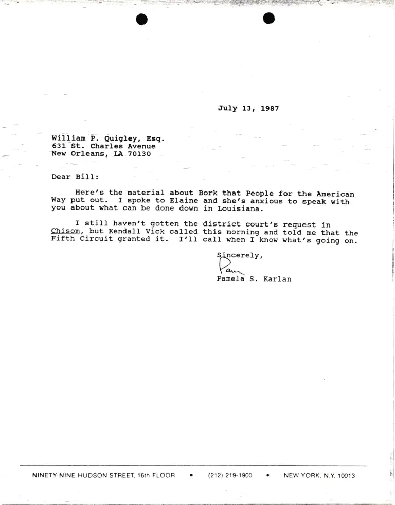 Correspondence from Pamela Karlan to William P. Quigley preview