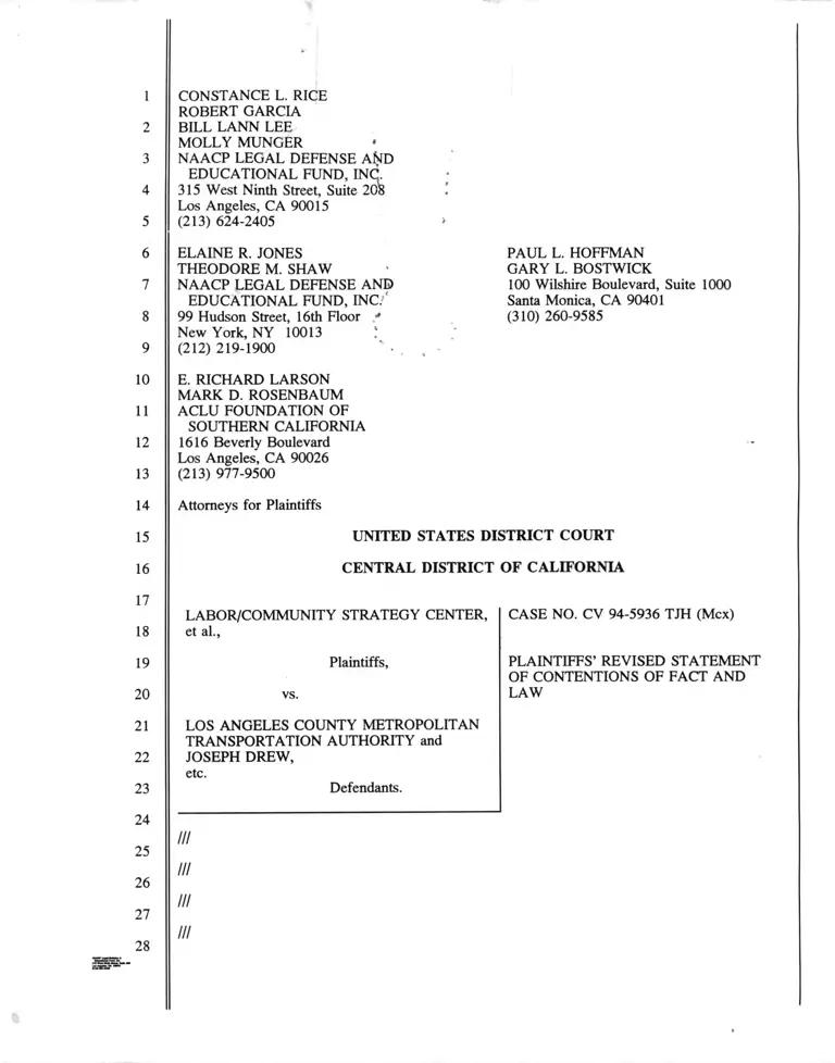 Labor Community Strategy Center v. Los Angeles County Metropolitan Transportation Authority Plaintiffs' Revised Statement of Contentions of Fact and Law preview