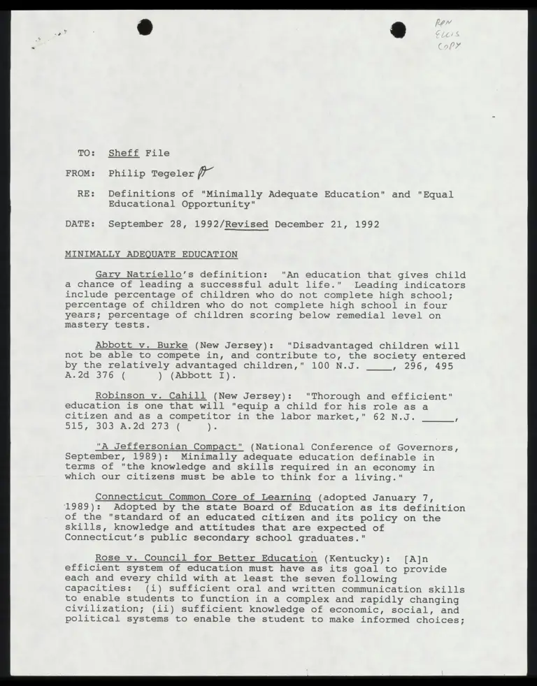 Memo from Tegeler to File Re: Definitions of "Minimally Adequate Education" and "Edqual Educational Opportunity" preview