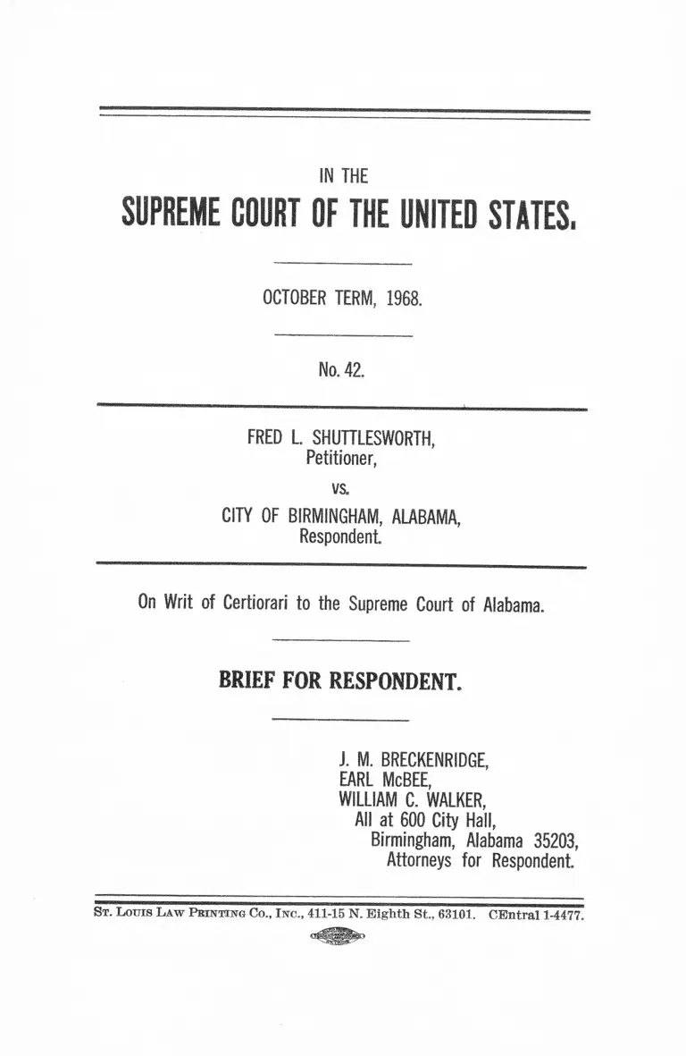 Shuttlesworth v Birmingham AL Brief for Respondent preview