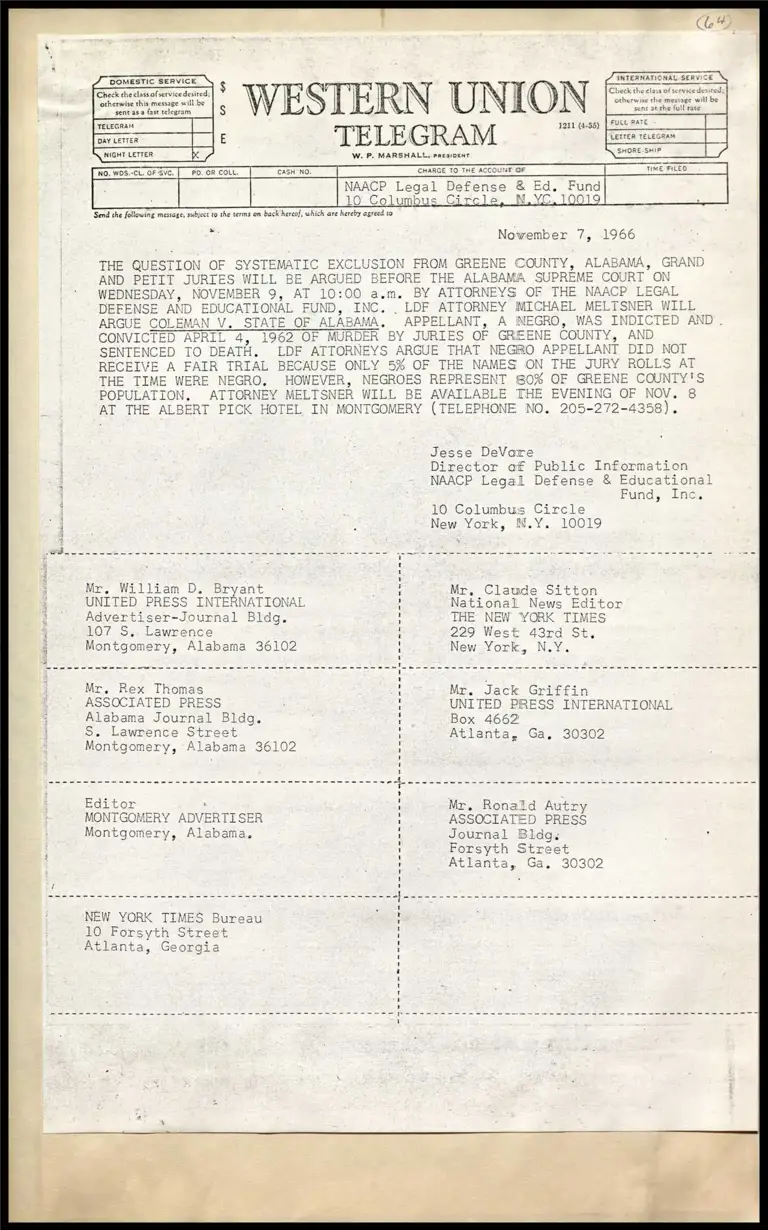 Jury Discrimination in Greene County, Alabama (Telegram) preview