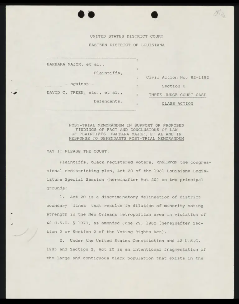 Post-Trial Memorandum in Support of Proposed Findings of Fact and Conclusions of Law of Plaintiffs Barbara Major, et al and in Response to Defendants Post-Trial Memorandum; Buchanan v. City of Jackson and State of Tennessee Court Opinion preview